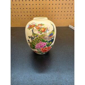 Vintage Japanese Satsuma Peacock Floral Bud Vase Crackle Glaze Gold Accent 4.5"